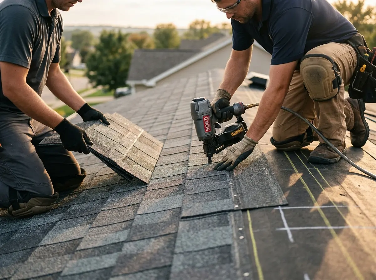 Professional roofer working on a residential roof in Cookeville